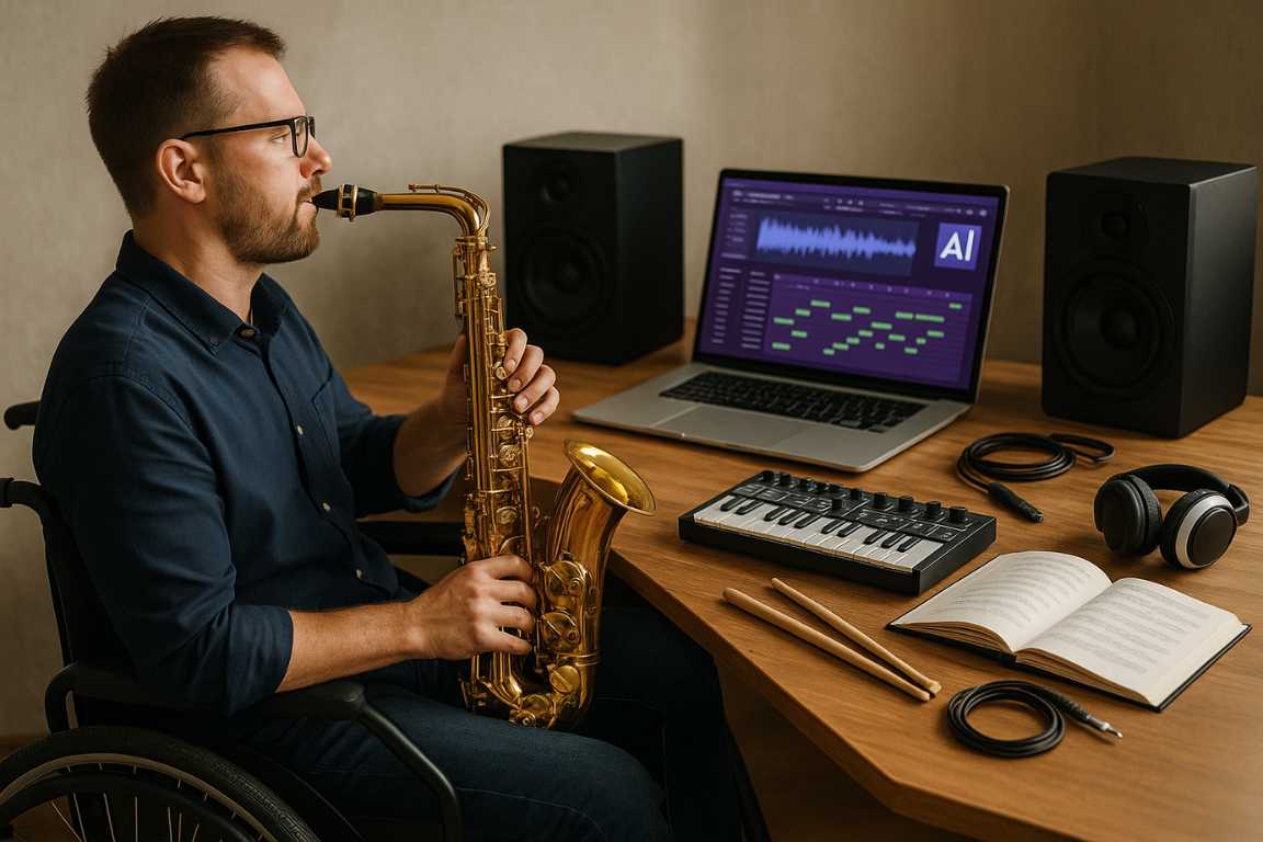 Hombre en silla de ruedas tocando saxofón en un estudio musical moderno, con computadora portátil mostrando software de inteligencia artificial para música, teclado MIDI, auriculares, libro de música y baquetas sobre escritorio de madera.