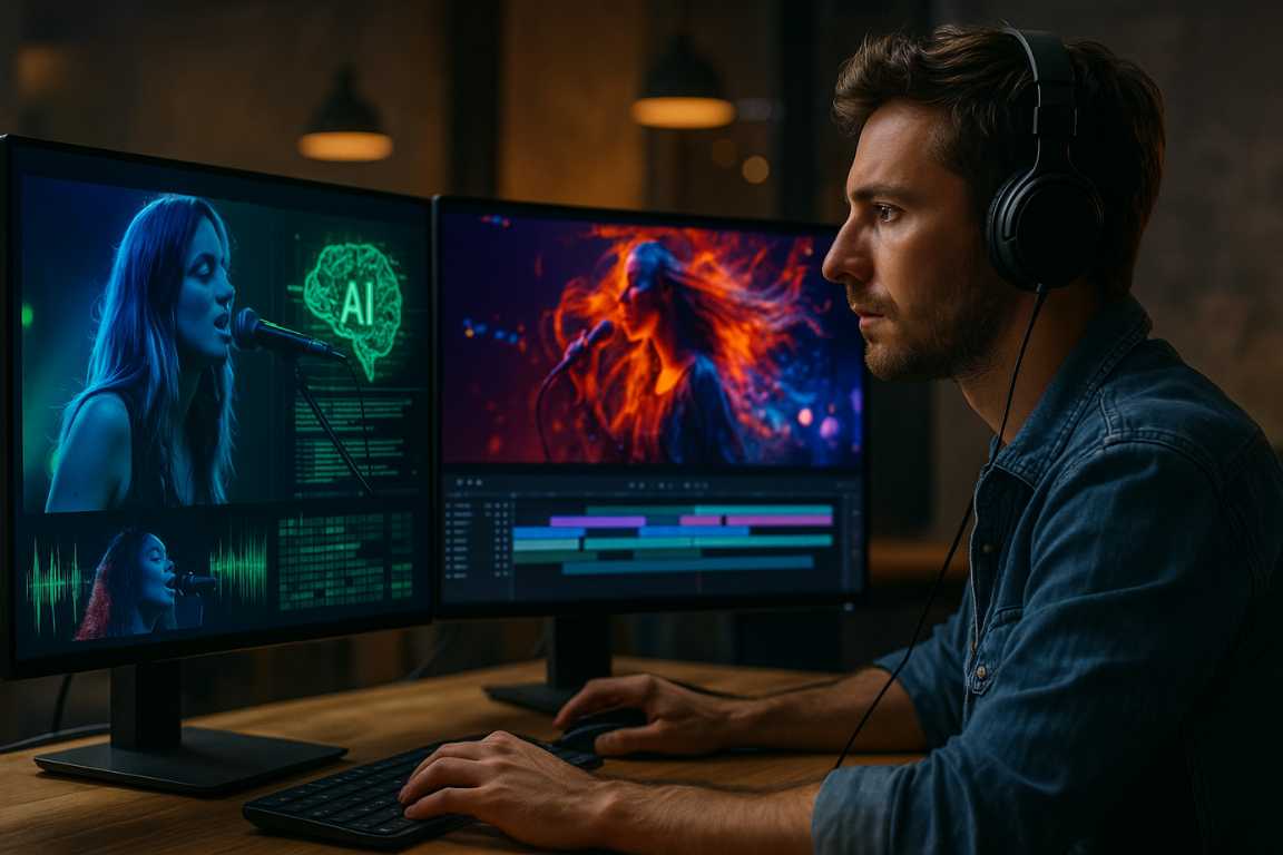 Hombre usando auriculares editando video musical en computadora con dos monitores, uno mostrando una cantante con icono de inteligencia artificial y el otro imágenes artísticas y una línea de tiempo de edición.