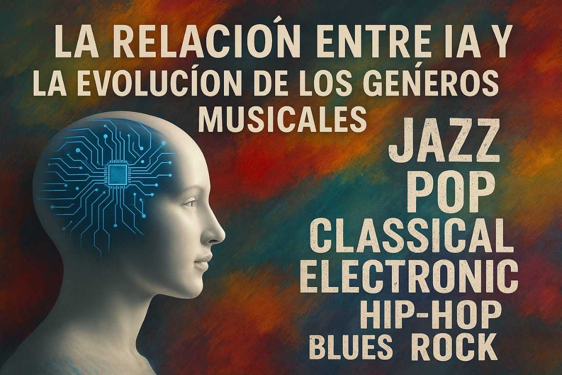 Perfil de un rostro humano con circuito electrónico en el cerebro, representando inteligencia artificial, con fondo abstracto colorido y texto que menciona la relación entre IA y la evolución de géneros musicales como jazz, pop, clásico, electrónico, hip-hop, blues y rock.