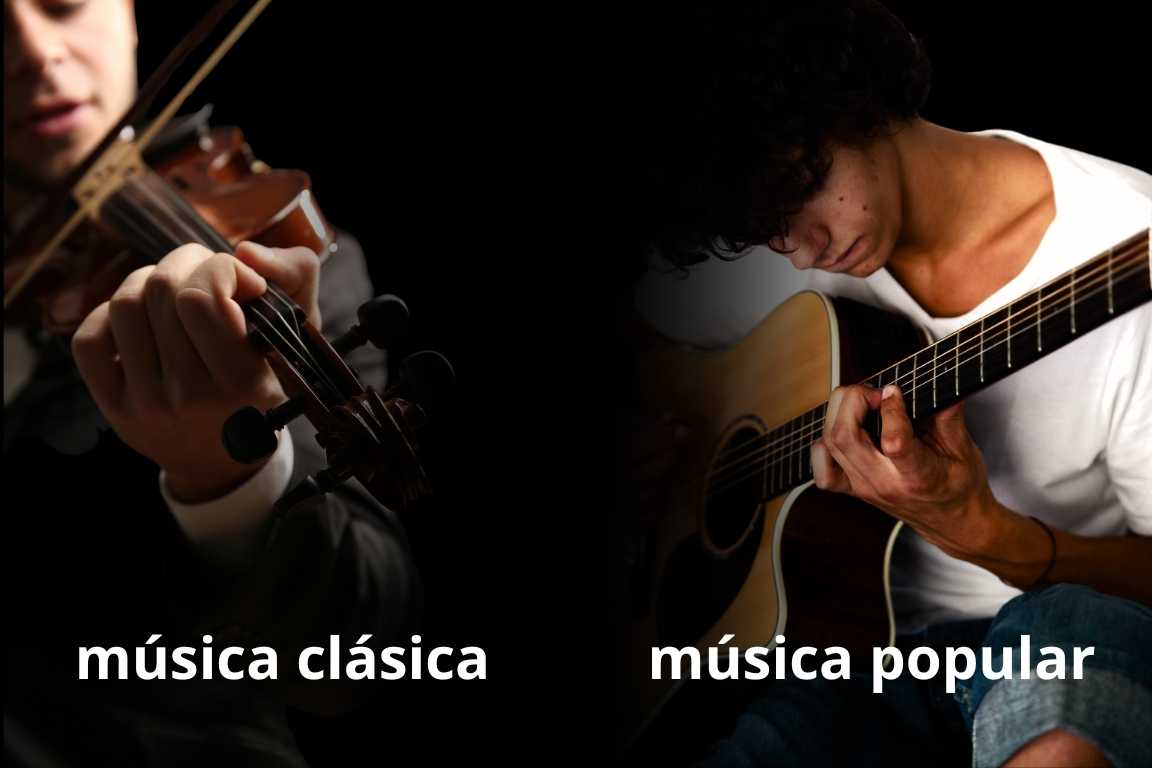 Comparación entre música clásica con violín y música popular con guitarra acústica