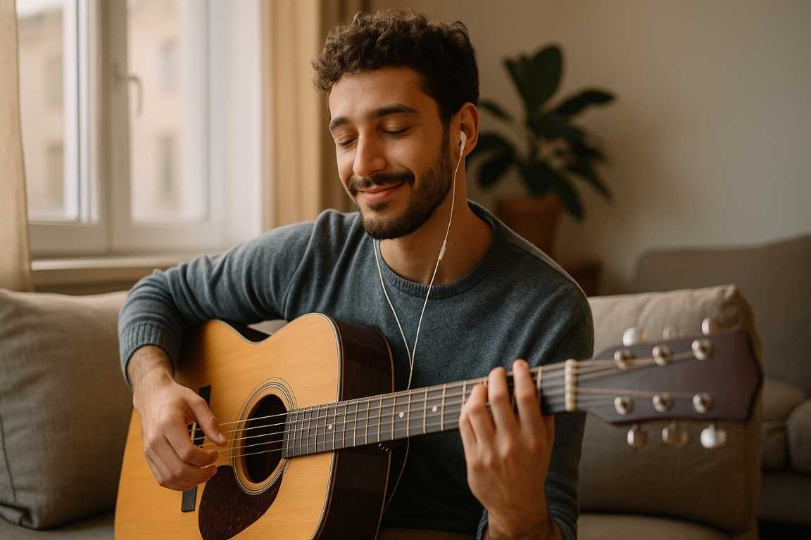 Hombre tocando la guitarra acústica con auriculares y expresión de disfrute en casa