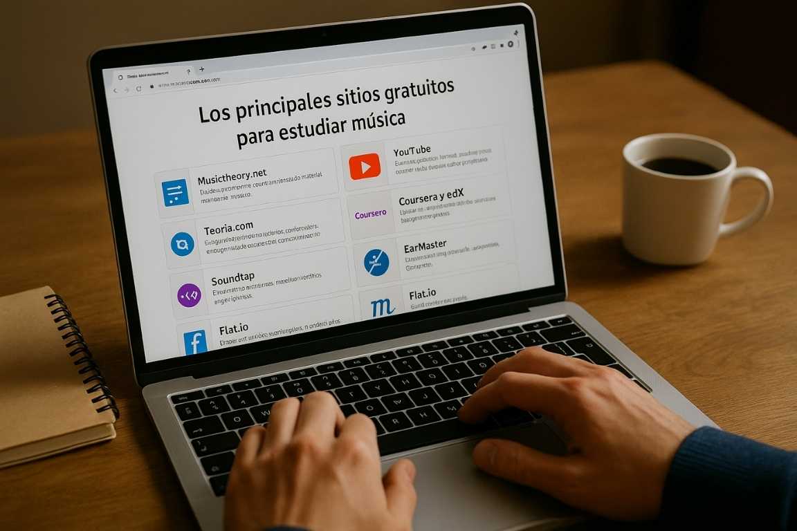 Persona utilizando una computadora portátil para buscar sitios gratuitos para estudiar música en línea