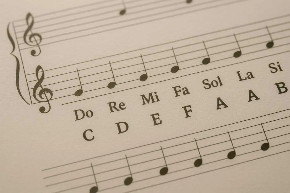 Partitura con notas musicales escritas en solfeo y letras