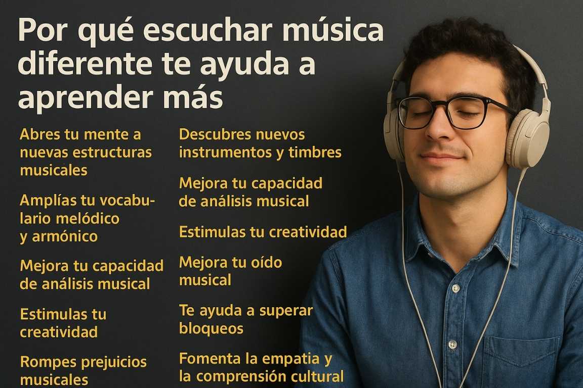 Hombre escuchando música con auriculares junto a lista de beneficios de oír estilos musicales diferentes