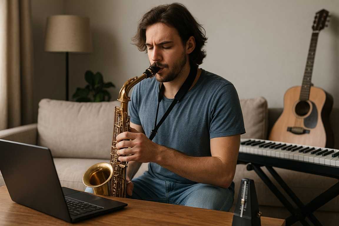 Hombre tocando saxofón en casa mientras estudia música con ayuda de una computadora portátil