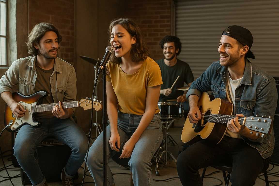 Banda ensayando con vocalista cantando y músicos tocando guitarra, acústica y batería en el estudio"