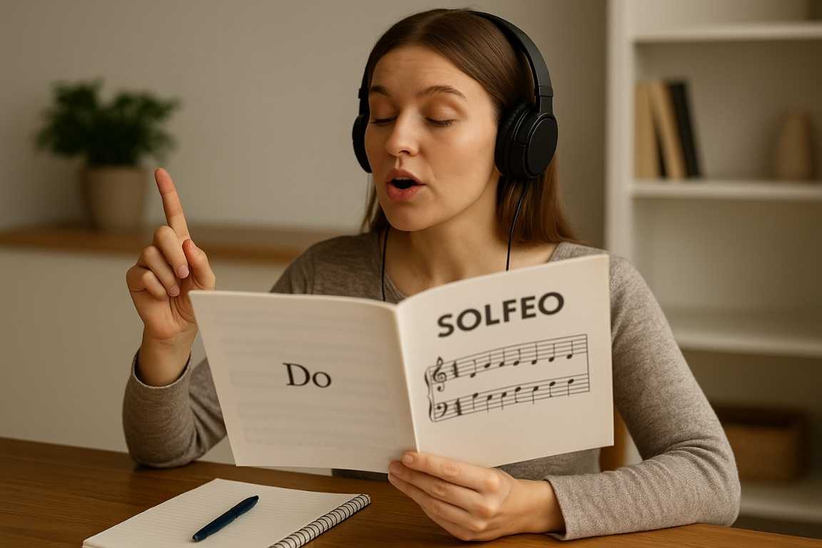 Mujer estudiando solfeo con auriculares y libro de partituras en las manos