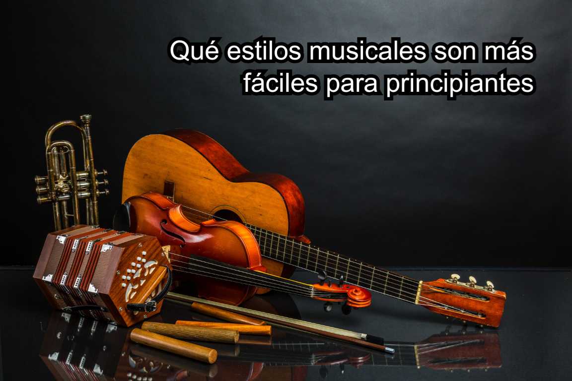 Instrumentos musicales variados sobre mesa negra ilustrando estilos musicales para principiantes