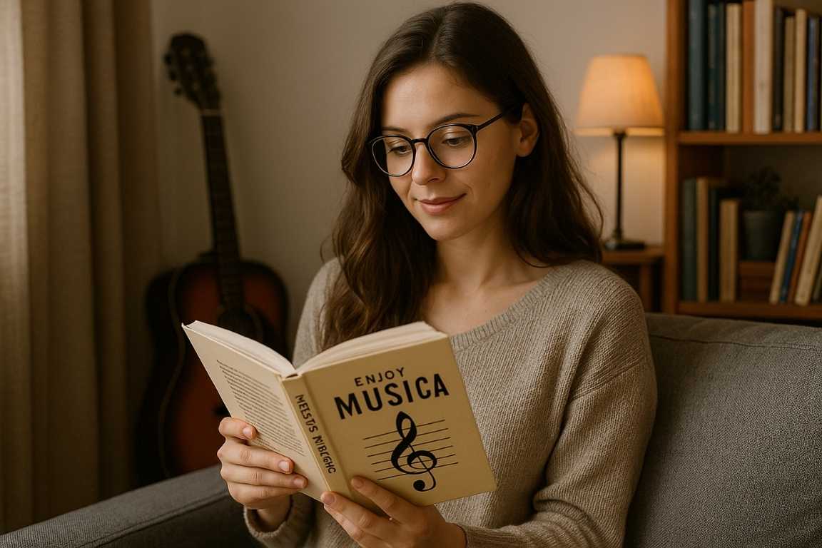Mujer leyendo un libro de teoría musical sentada en el sofá con una guitarra al fondo