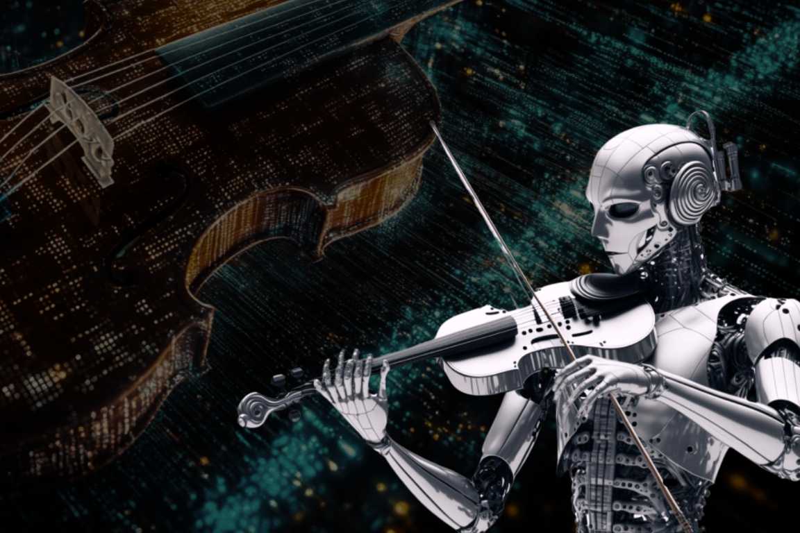 Robot futurista tocando un violín blanco eléctrico con fondo digital abstracto que incluye una imagen pixelada de un violín clásico.