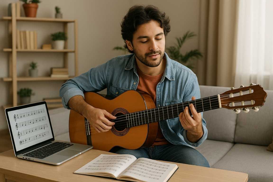 Hombre joven sentado en sofá tocando guitarra acústica, con partituras visibles en libro y pantalla de laptop, ambiente hogareño y relajado para estudio musical.