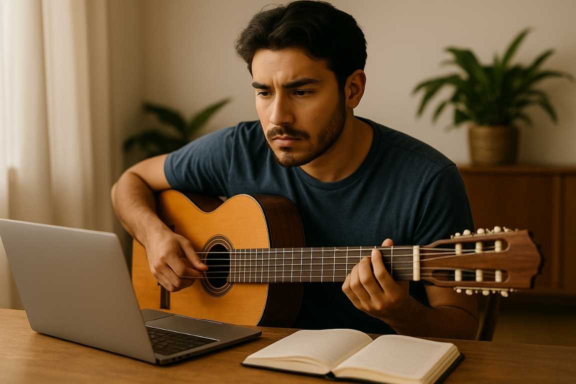 Joven tocando guitarra acústica mientras aprende música online con computadora portátil y libreta, en ambiente hogareño tranquilo.