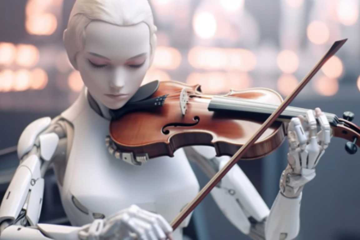 Robot humanoide femenino tocando un violín clásico con expresión concentrada, fondo desenfocado con luces cálidas.