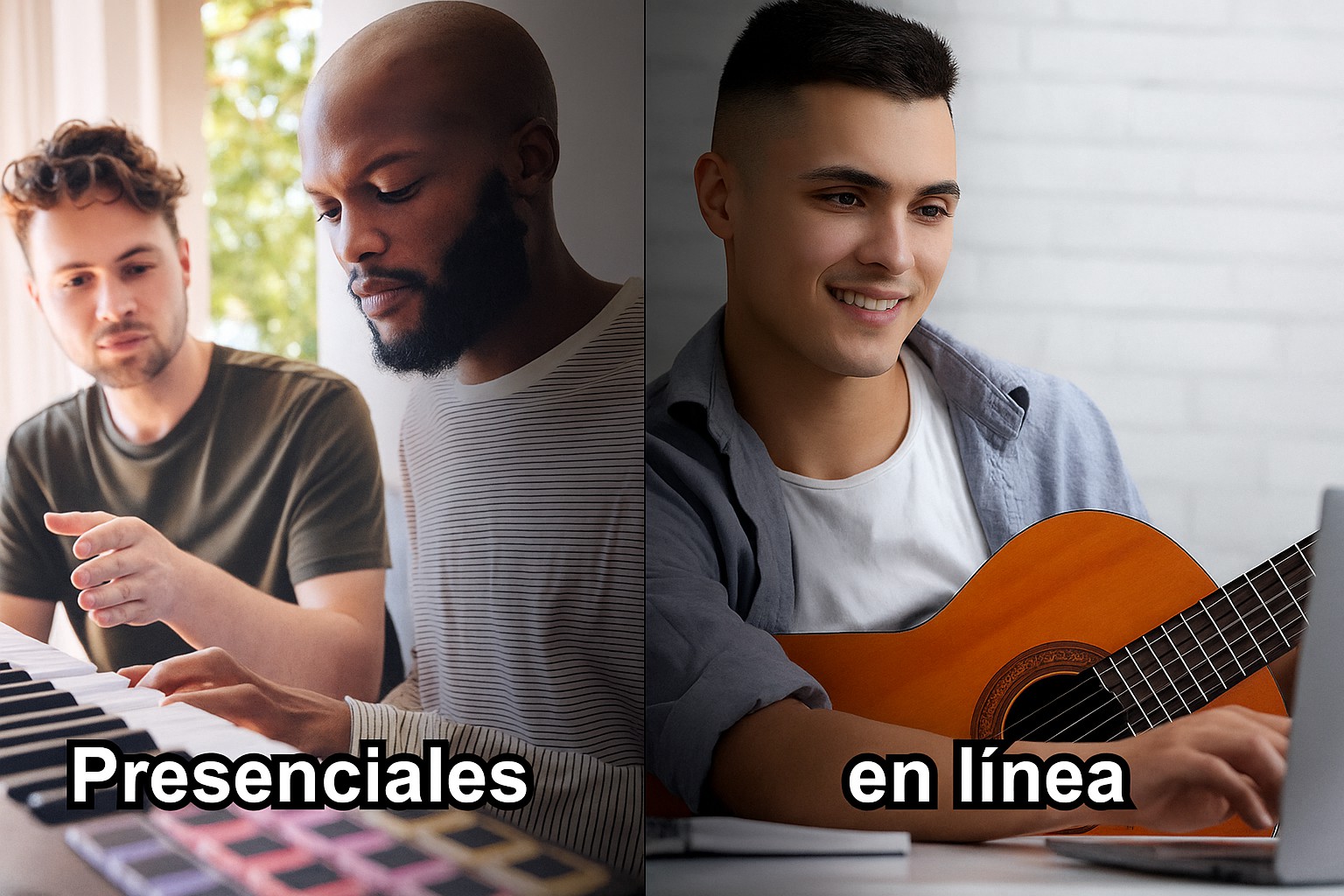 Comparación entre clases de música presenciales y clases en línea, mostrando diferentes métodos de aprendizaje