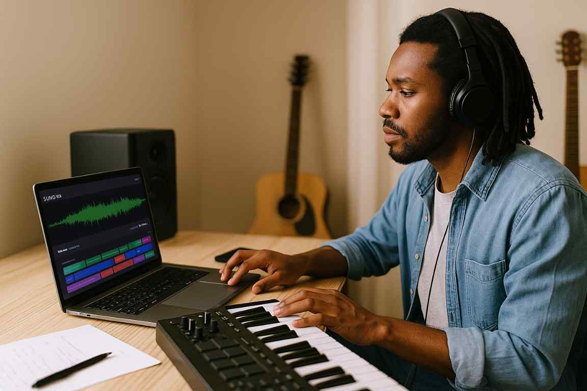 Pantalla de SUNO V4 mostrando la creación de canciones largas con IA. Hombre con auriculares usando teclado MIDI y laptop con software de producción musical, creando música en estudio casero.