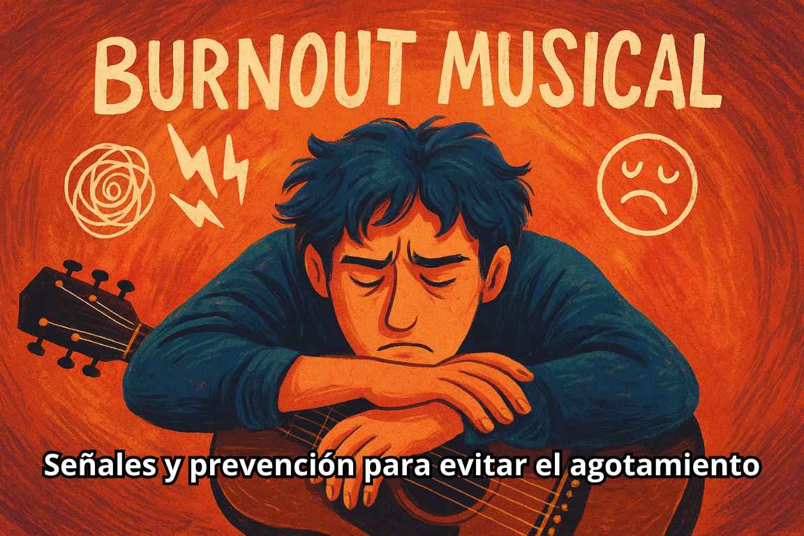 Ilustración de burnout musical: músico agotado apoyado sobre una guitarra, representando el agotamiento emocional en la industria musical