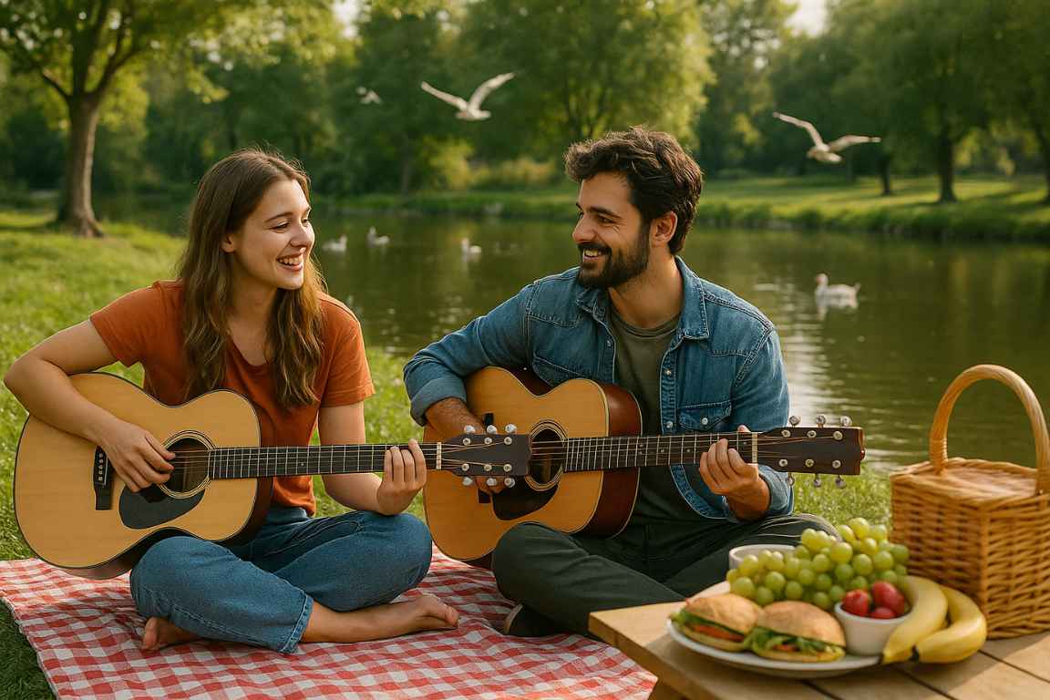 Pareja tocando guitarra en un parque tranquilo junto a un lago, representando la importancia de la salud mental en la música.